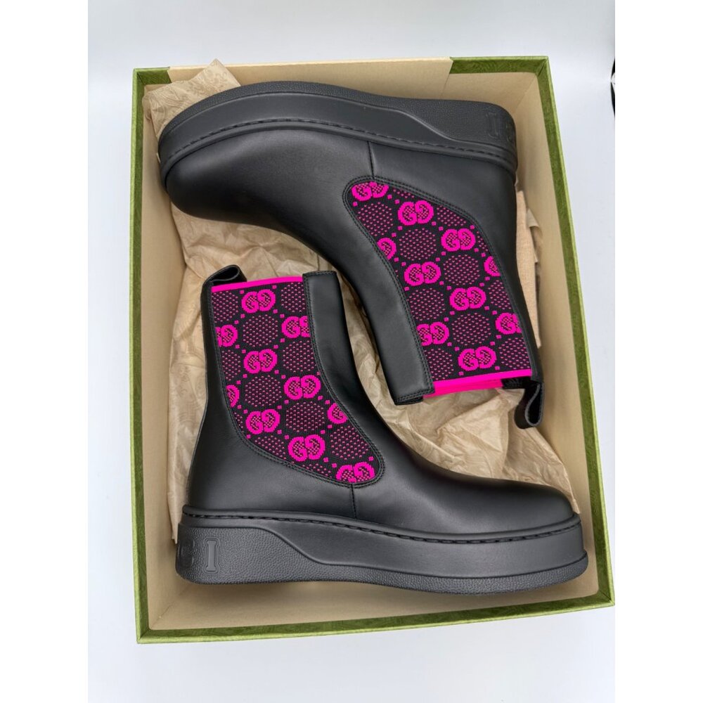 Gucci Women’s Dali Soft Technical GG Jersey Leather Boots Black Fuchsia Sz37 - Picture 9 of 10